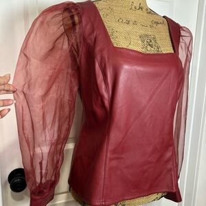 Sheer Puff Sleeve Faux Leather Top - Wine